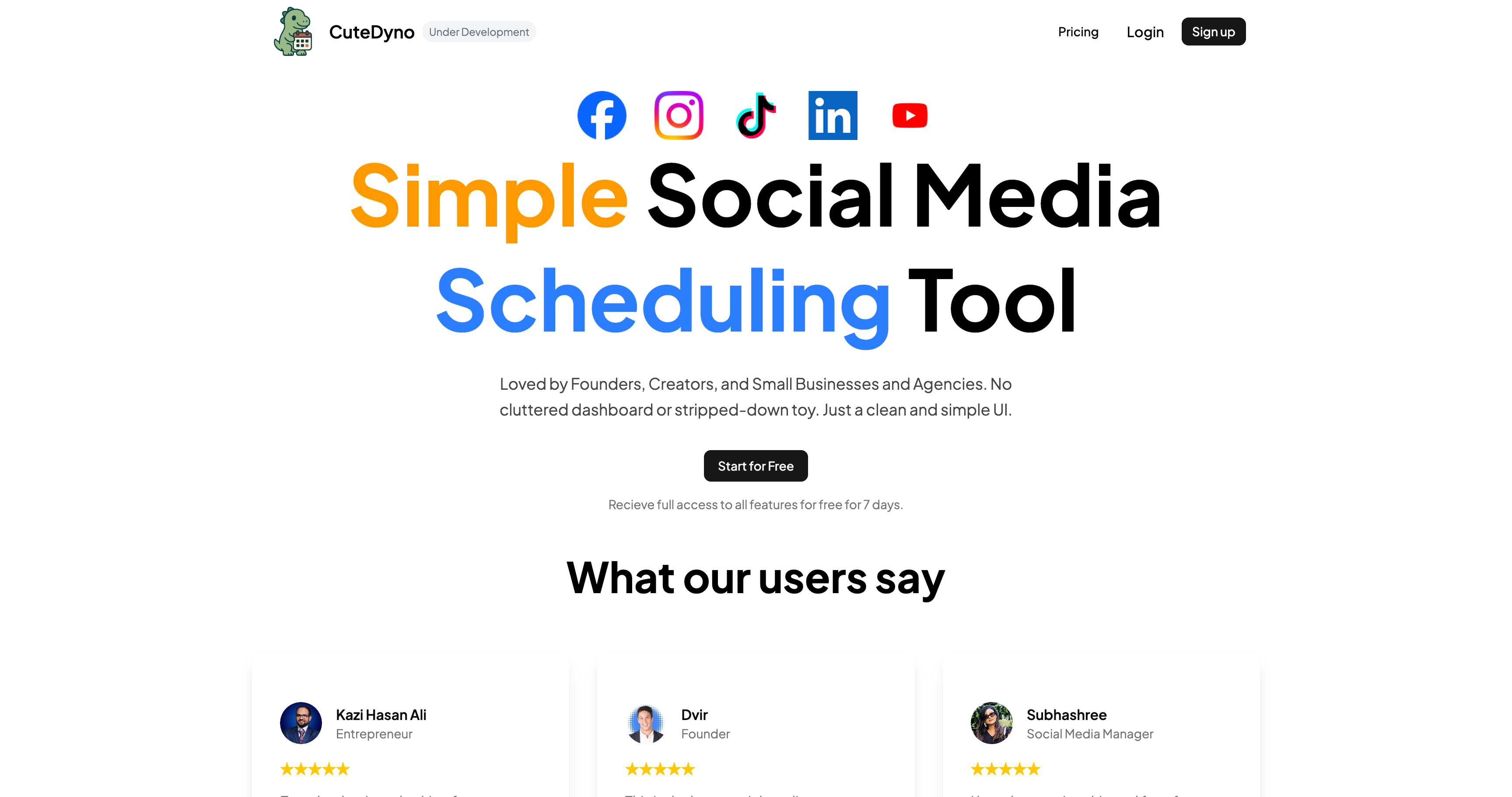 CuteDyno - Social Media Scheduling Tool landing page